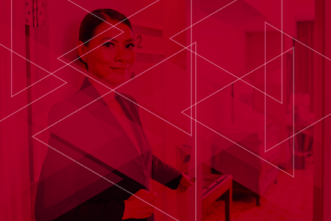 Corporate woman and red overlay & background
