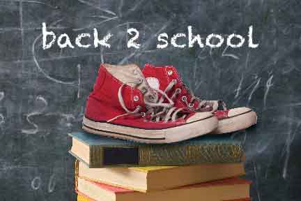 red shoes kept on book with back 2 school text on blackboard