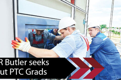 Two men fixing the glass wall