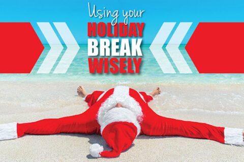 using-your-holiday-break-wisely text and Santa Claus sleeping on beach