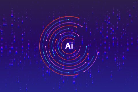 Abstract digital illustration with the text “AI” at the center of concentric circular lines