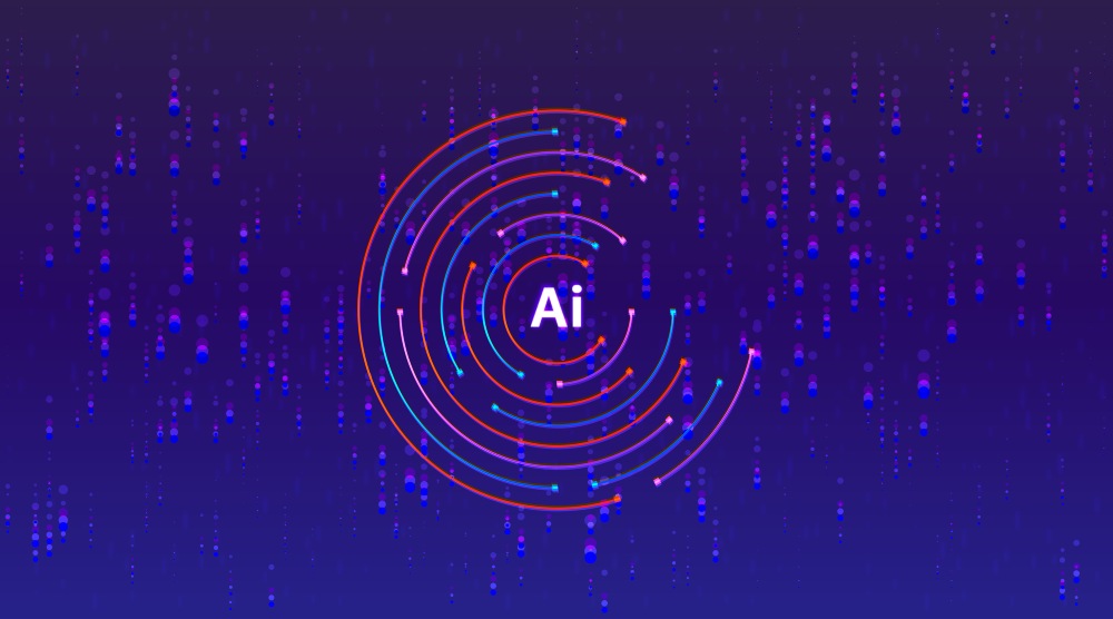Abstract digital illustration with the text “AI” at the center of concentric circular lines