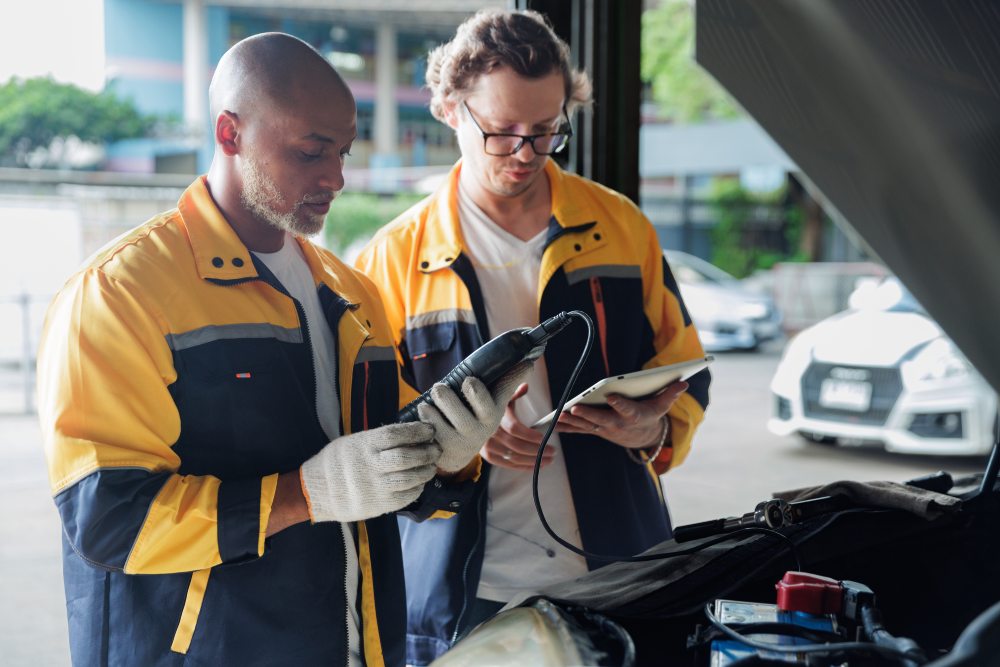 Mechanics in yellow work jackets inspect a car engine, one using a handheld diagnostic tool